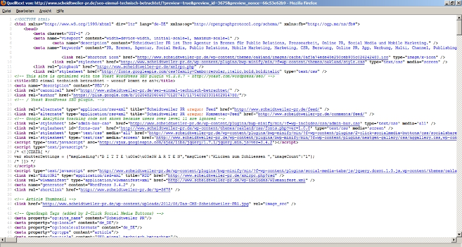 Quelltext HTML Metatags Keywords SEO, H1, H2, H3