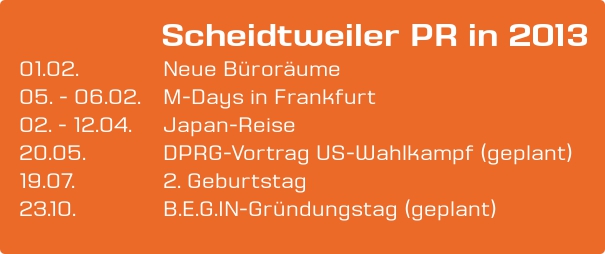 Scheidtweiler PR in 2013 - Agentur Planung (M-Days, DPRG, B.E.G.IN)