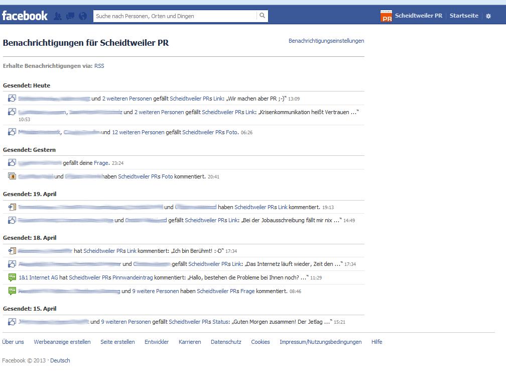 Facebook-Fanpage - Benachrichtigungen RSS - Scheidtweiler PR