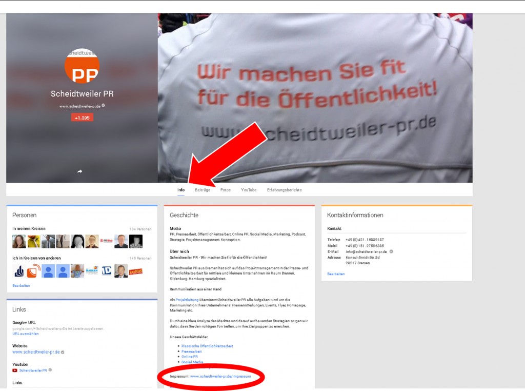 Das Impressum bei GooglePlus - PR Agentur Bremen