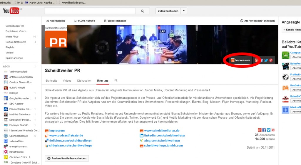 Das Impressum bei Youtube - PR Agentur Bremen