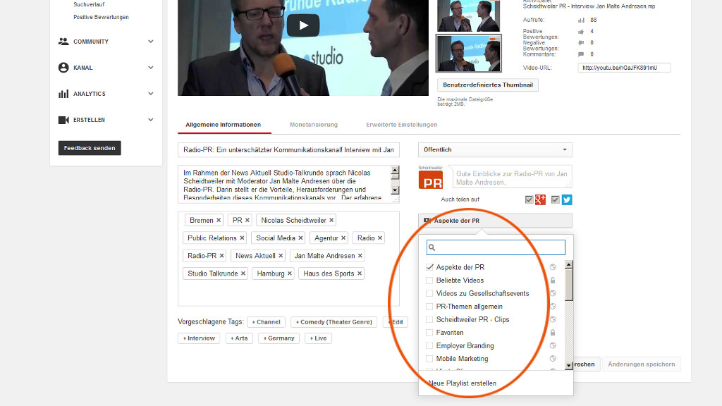 Youtube-Videos verknüpfen - Playlist auswählen und hinzufügen - PR-Blog aus Bremen
