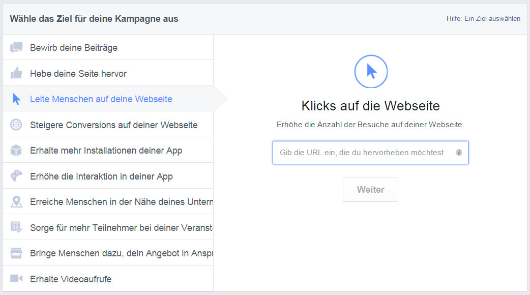 Facebook-Werbung Schritt 1 - Webseite bewerben