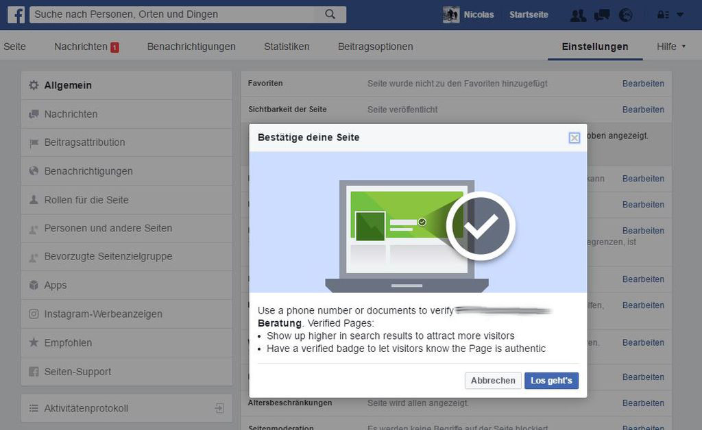 Bild Facebook-Seite bestätigen und verifizieren - Praxis für Social Media