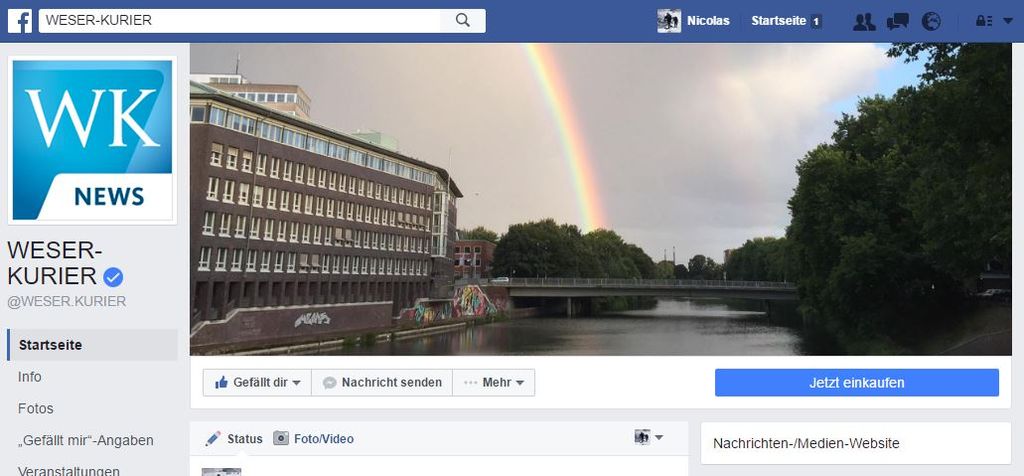 Bild der Facebook-Seite mit blauem Symbol beim Weser-Kurier als Medienunternehmen