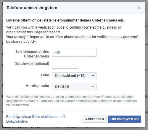 Facebook-Seite verifizieren - Telefonnummer eingeben