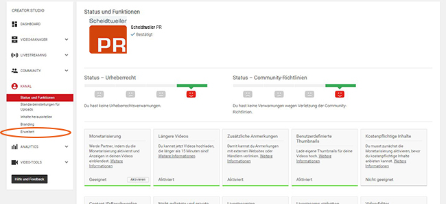 Youtube-Kanal verknüpfen und bestätigen - Schritt 3 - Reiter Erweitert Youtube-Kanal verknüpfen und bestätigen - Schritt 3 - Reiter Erweitert
