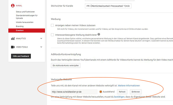 Youtube-Kanal verknüpfen und bestätigen - Schritt 4 - Verknüpfte Webseite Youtube-Kanal verknüpfen und bestätigen - Schritt 4 - Verknüpfte Webseite
