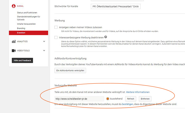 Youtube-Kanal verknüpfen und bestätigen - Schritt 4 - Verknüpfte Webseite