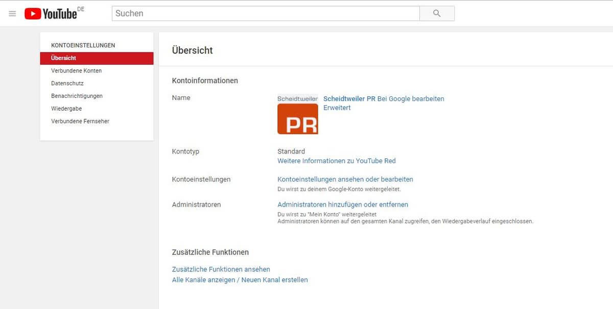 Unternehmen bei Youtube - 02 - Kontoeinstellungen Übersicht